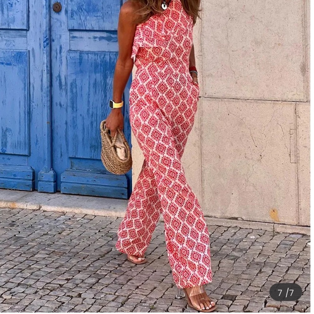 Elegant Geometric Red Jumpsuit